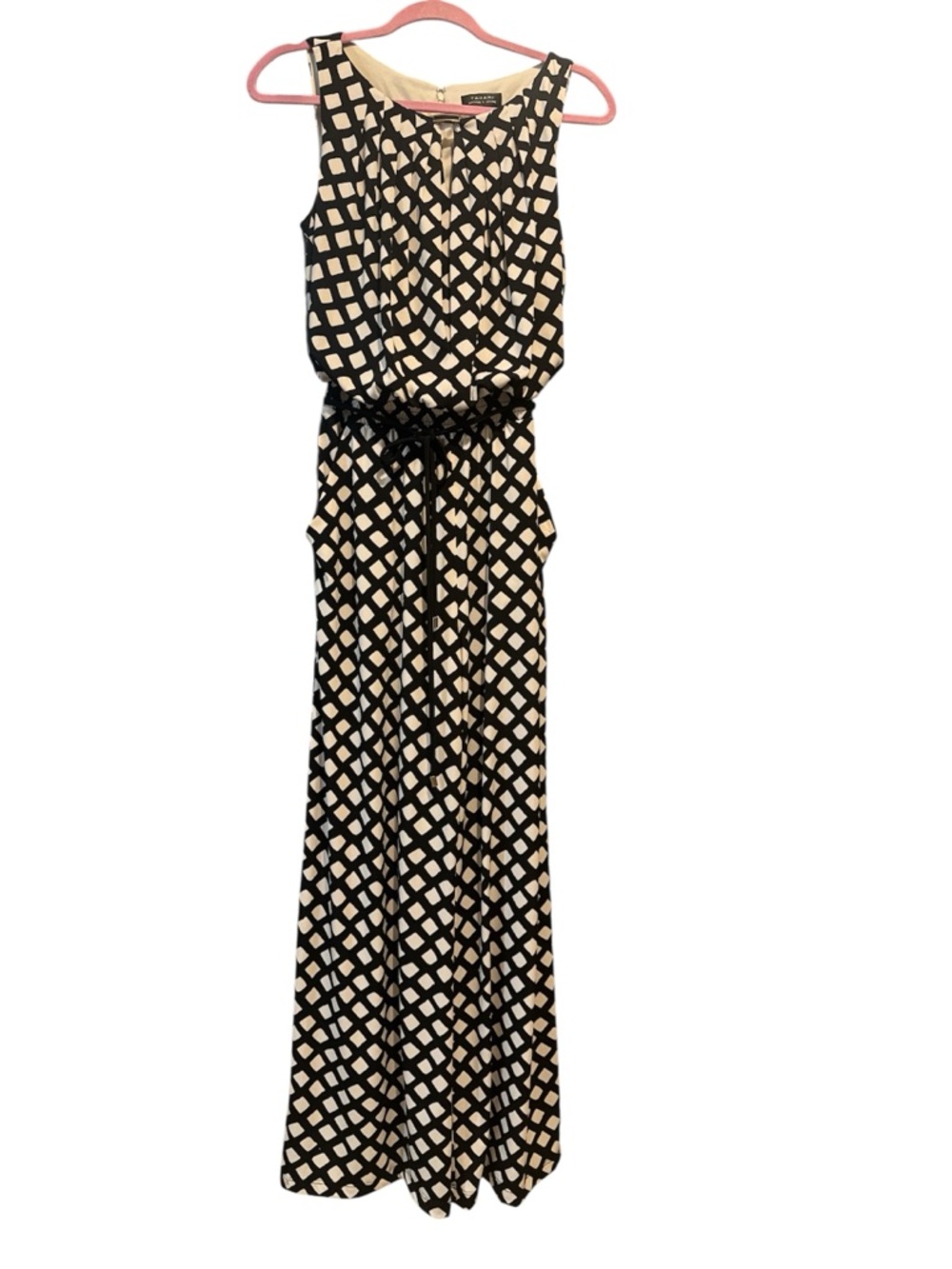 Tahari Jumpsuit Women’s Navy Geometric Polka Dot Sleeveless Belted Wide Leg Sz 6